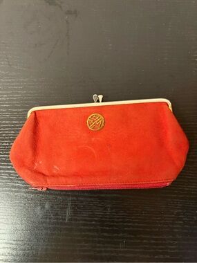 Red Suede Kiss Lock Wallet Clutch Coin Purse with Zip Pocket